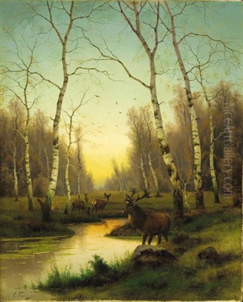 Elk In The Forest At Dawn Oil Painting by Efim A. Tikhmenev