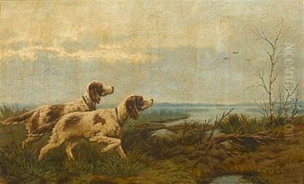 English Setters On Point Oil Painting by Efim A. Tikhmenev