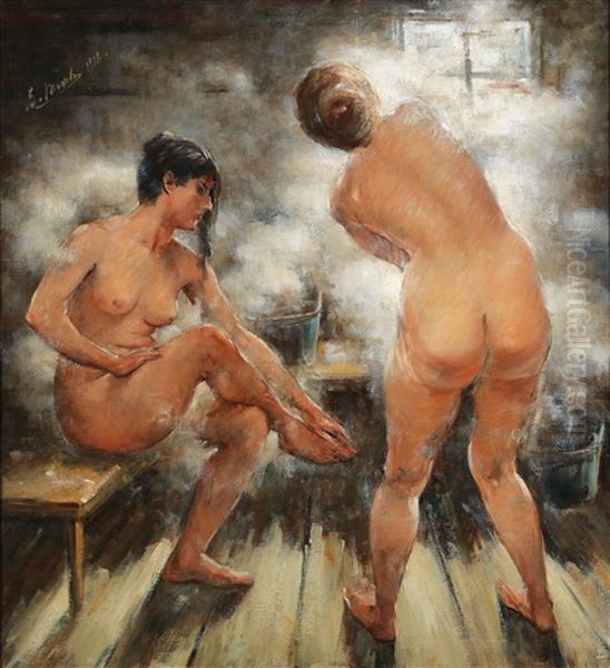 A Russian Steambath Oil Painting by Vitaly Gavrilovich Tikhov