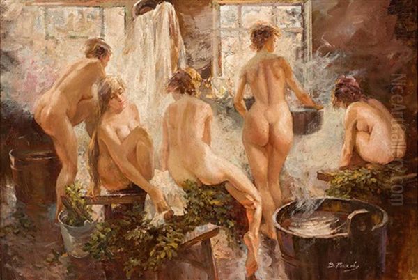 Badende Frauen In Einer Russischen Banya Oil Painting by Vitaly Gavrilovich Tikhov