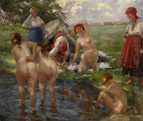 Bathers Oil Painting by Vitaly Gavrilovich Tikhov