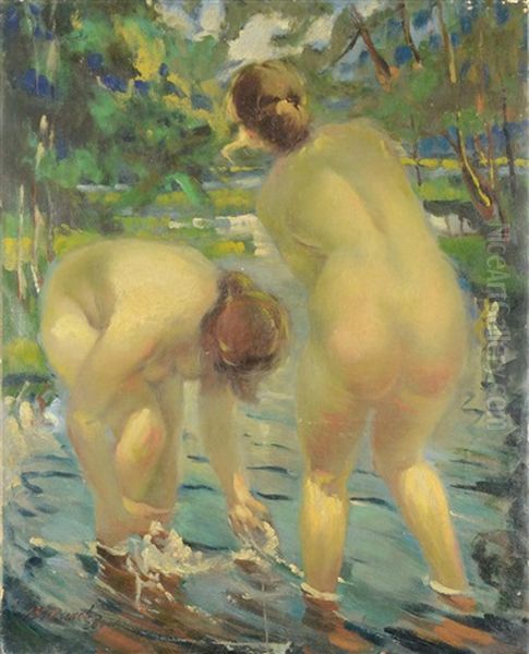 Nudes In The Lake Oil Painting by Vitaly Gavrilovich Tikhov