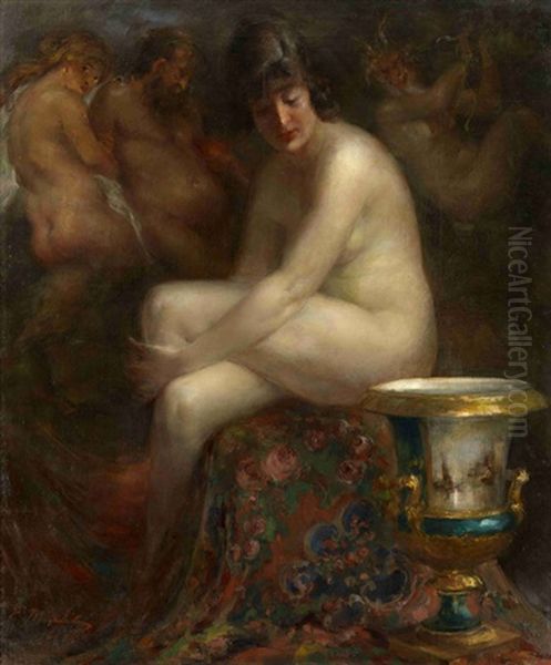 Nude With A Rubens Painting Oil Painting by Vitaly Gavrilovich Tikhov