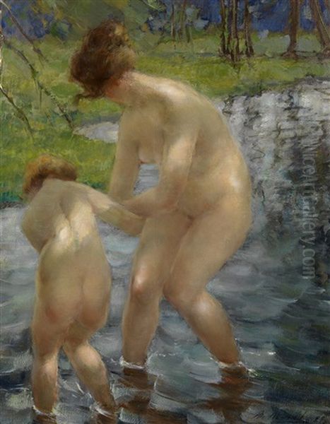 Bathing Mother And Child Oil Painting by Vitaly Gavrilovich Tikhov