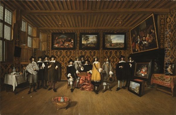 An Elegant Interior With Twelve Gentleman Surrounded By Paintings And Leather Wall Coverings With A Game Of Backgammon At Center Oil Painting by Gillis van Tilborgh