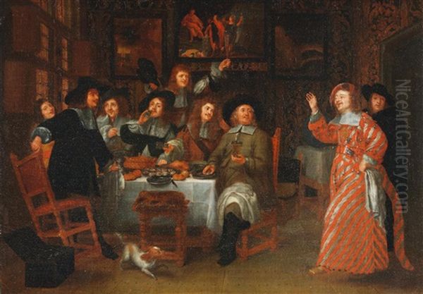 Figures Dining In An Interior With A Carnival Figure Oil Painting by Gillis van Tilborgh