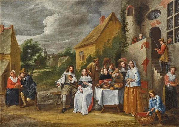 A Merry Company In Front Of A Country Inn Oil Painting by Gillis van Tilborgh