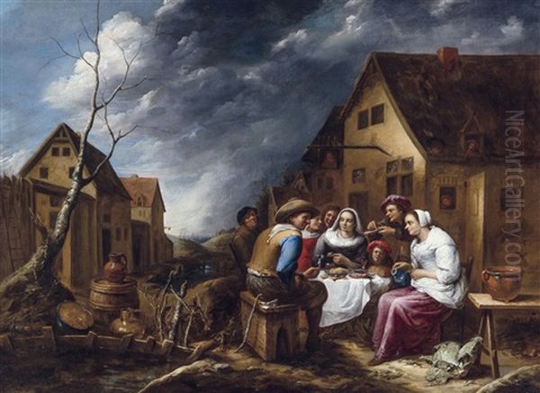 Family Celebration In Front Of A Tavern (1657) Oil Painting by Gillis van Tilborgh