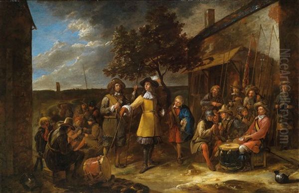 Soldiers Resting And Playing Cards In Front Of A Building Oil Painting by Gillis van Tilborgh