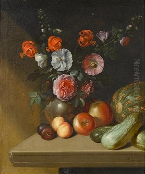 Roses, Delphiniums, Red Turban Cap Lillies And Other Flowers In A Pewter Vase With Apples, Plums And Marrows On A Stone Ledge Oil Painting by Simon Peter (Schenck) Tilemann