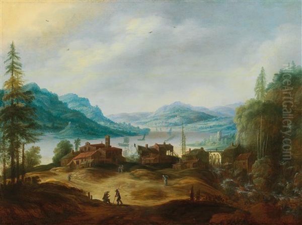 A Mountainous River Landscape Oil Painting by Jan Tilens