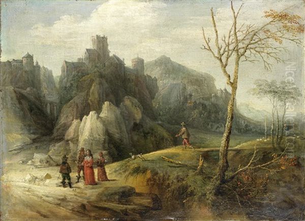 Figures Conversing In A Mountainous Landscape, A Walled City In The Distance Oil Painting by Jan Tilens