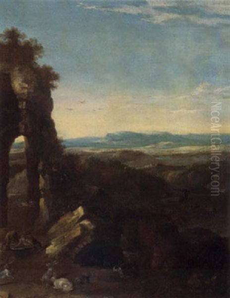 An Extensive Mountainous Landscape With Rabbits, Owls And Other Animals Near A Roman Ruin Oil Painting by Jan Tilens