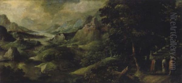 Gebirgige Fluslandschaft Mit Christus Und Anderen Auf Dem Weg Nach Emmaus Oil Painting by Jan Tilens