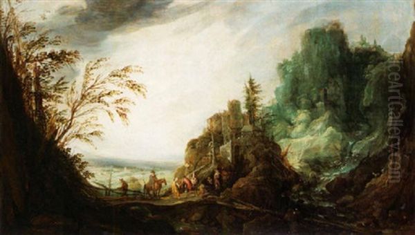 A Rocky Landscape With A Waterfall And Figures Meeting On A Bridge Oil Painting by Jan Tilens