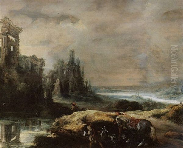 A Panoramic Landscape With Architectural Ruins, Huntsmen And A Horse By A Watering-hole Oil Painting by Jan Tilens