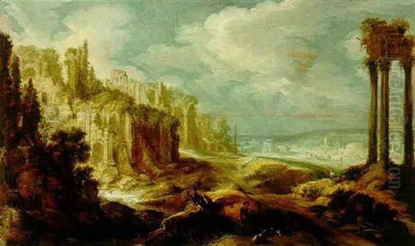 A Hilly Landscape With Classical Ruins Oil Painting by Jan Tilens