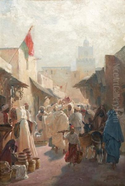 Rue Animee Dans La Medina De Tunis Lively Street In The Tunis Medina Oil Painting by Karl Max Tilke