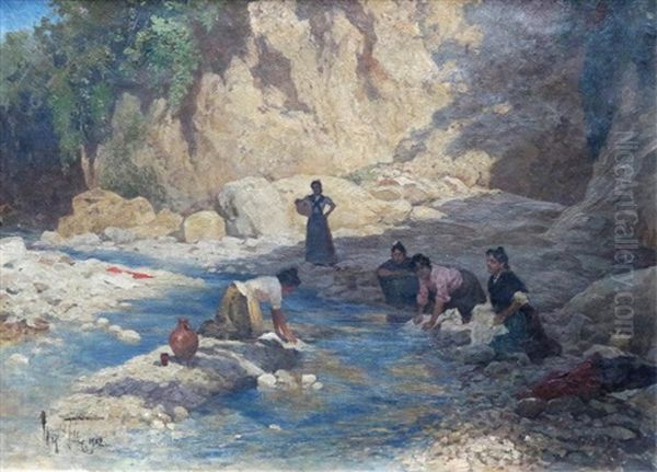 Women Washing Clothes In The River Oil Painting by Karl Max Tilke