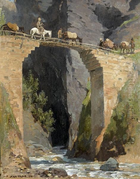 Gebrechliche Brucke In Dagestan Oil Painting by Karl Max Tilke