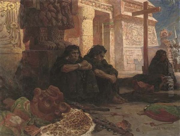 Aztecs By A Temple, With Conquistadors Beyond Oil Painting by Karl Max Tilke