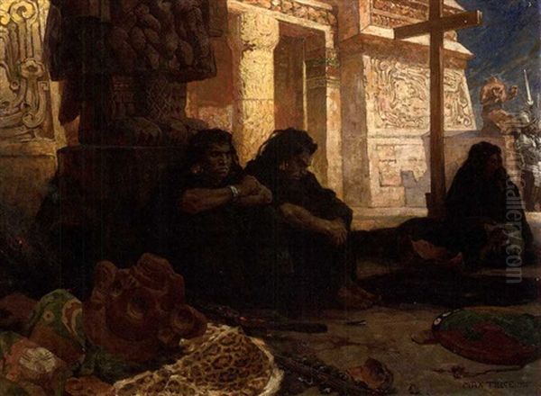 Aztecs By A Temple, Wth Conquistadors Beyond Oil Painting by Karl Max Tilke