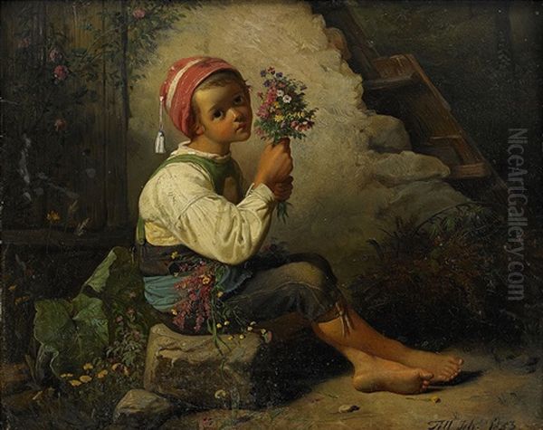 A Boy With Flowers Oil Painting by Johann Till the Younger