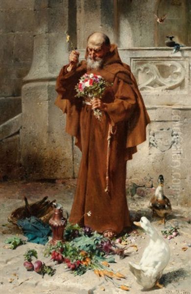 Monk With Ducks And Flowers Oil Painting by Johann Till