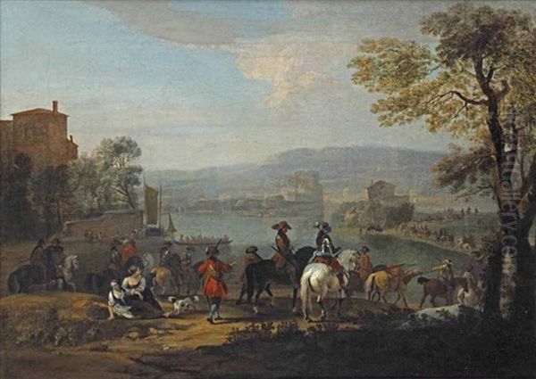 A Italianate River Landscape With A Military Company Riding Along The River Bank Towards A Town In The Near Distance Oil Painting by Peter Tillemans