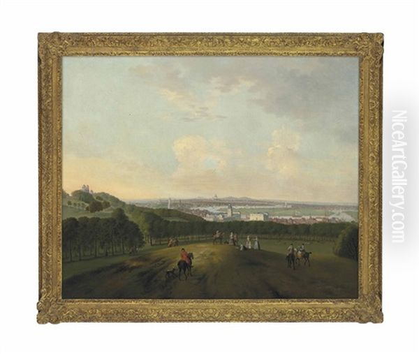 A View Of Greenwich, With Riders And Other Figures In The Foreground, The Observatory To The Left On One Tree Hill, The Thames And London In The Distance Oil Painting by Peter Tillemans