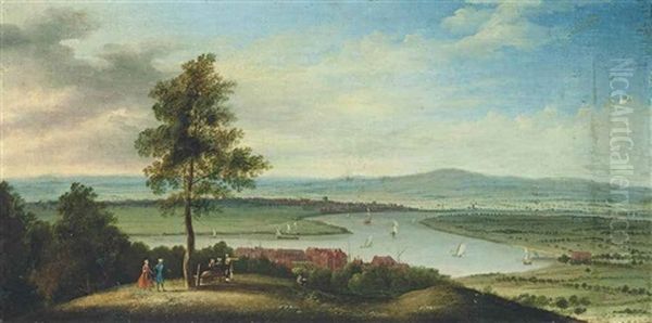 An Extensive River Landscape, With Boats On The River And Elegant Company Conversing In The Foreground Oil Painting by Peter Tillemans