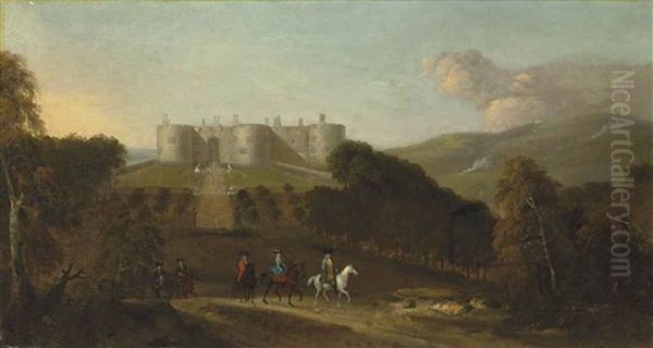 A View Of Chirk Castle With Elegant Figures On Horseback In The Foreground Oil Painting by Peter Tillemans