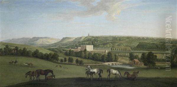 A View Of Chatsworth House And Park From The South-west With Horses And Figures In The Foreground Oil Painting by Peter Tillemans