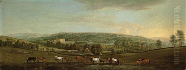 A Panoramic View Of Chatsworth House And Park, With Mares And Foals In The Foreground Oil Painting by Peter Tillemans