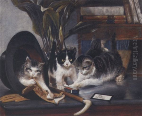 Kittens Playing With A Gentleman's Belongings Oil Painting by Vilhelm Eyvind Tilly