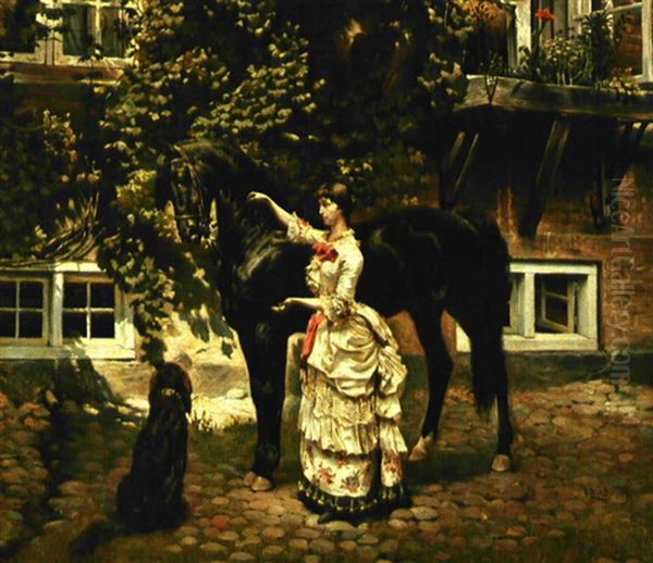 Ung Dame Med Sin Sorte Hingst Og Hund Pa En Gardsplads Oil Painting by Vilhelm Eyvind Tilly