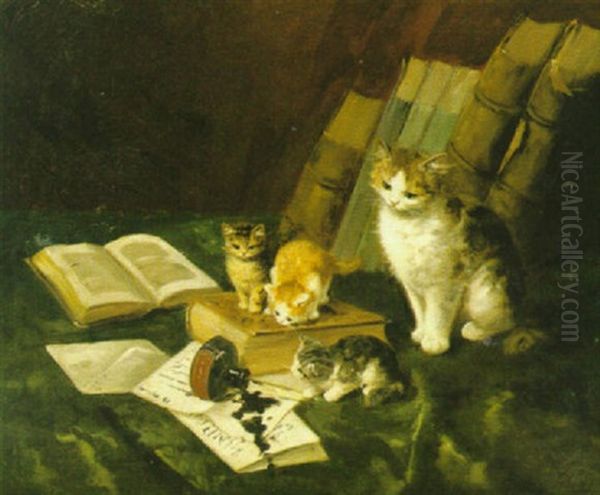 Kattfamilj Bland Bocker Oil Painting by Vilhelm Eyvind Tilly