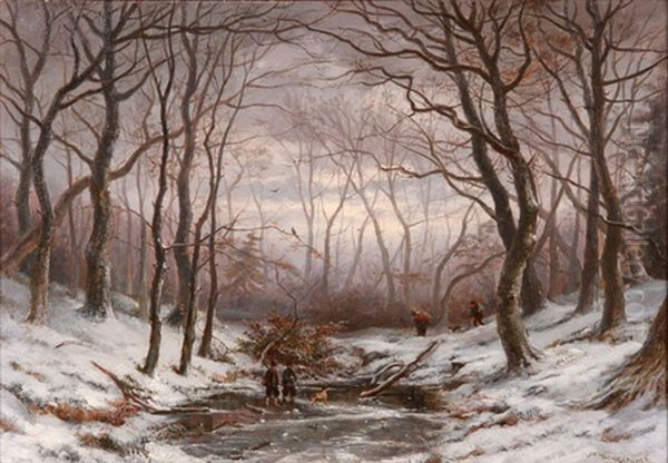 Winter Forest Scene With Figures Gathering Wood And Hunting Oil Painting by Jan Hermanus Melchior Tilmes