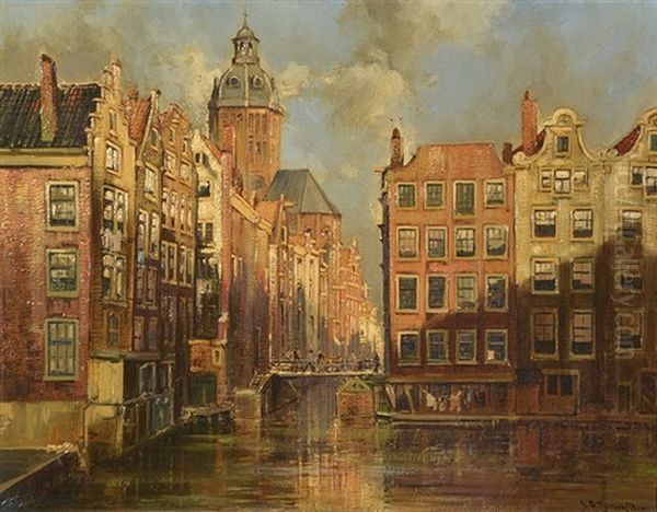 A Dutch Canalside Town Oil Painting by Jan Hermanus Melchior Tilmes