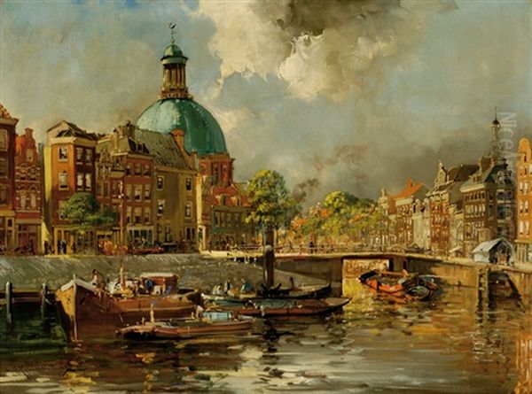 View Of The Singelgracht With The Lutheran Church On The Background In Amsterdam Oil Painting by Jan Hermanus Melchior Tilmes