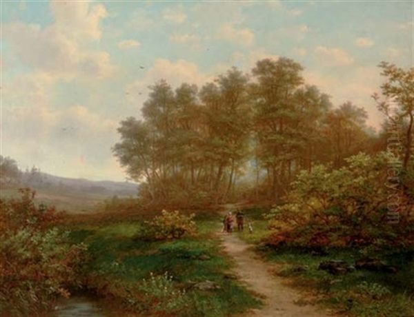 A Sportsman Conversing On A Sunlit Path Oil Painting by Jan Hermanus Melchior Tilmes