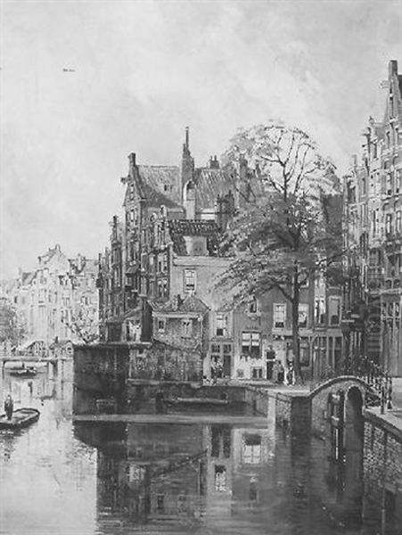 Gezicht Op De Grimburgwal, Met In De Verte Het Spui Te Amsterdam Oil Painting by Jan Hermanus Melchior Tilmes