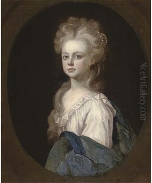 Portrait Of A Lady In A White Dress And Blue Wrap Oil Painting by Henry Tilson