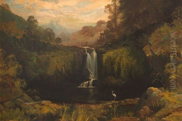 Waterfall And Stork Oil Painting by William Mitcheson Timlin