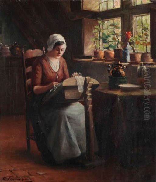 Femme A La Broderie Pres De La Fenetre Oil Painting by Henri Timmermans