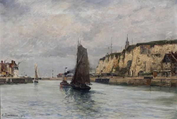 Quittant Le Port De Dieppe, A La Remorque, 1904 Oil Painting by Louis Etienne Timmermans