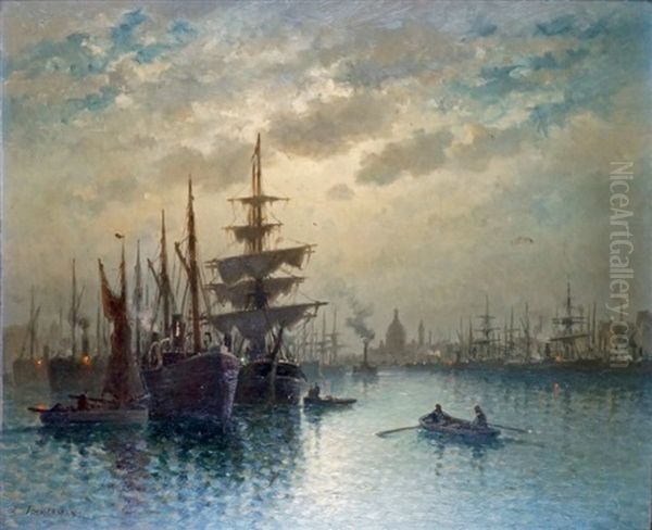 Bateaux Au Port Au Crepuscule Oil Painting by Louis Etienne Timmermans