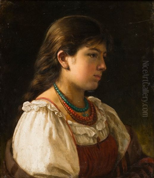 A Peasant Girl With Beads Oil Painting by Vasili Timofeevich Timofeev