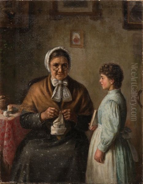 A Girl And A Grandmother Oil Painting by Vasili Timofeevich Timofeev