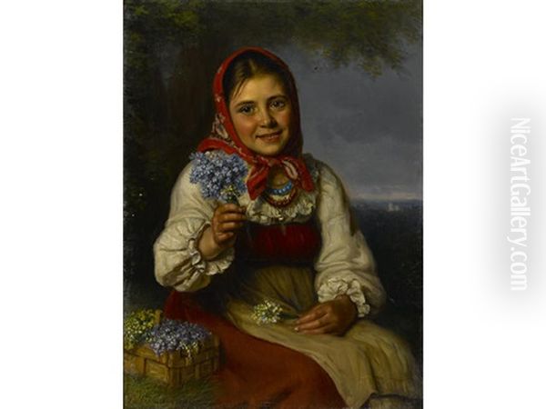 Seller Of Spring Flowers Oil Painting by Vasili Timofeevich Timofeev